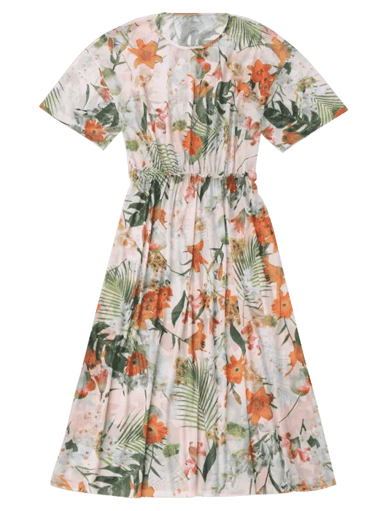 Elastic Waist Sheer Floral Midi Dress