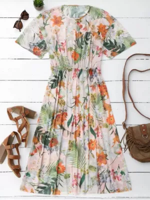 Elastic Waist Sheer Floral Midi Dress