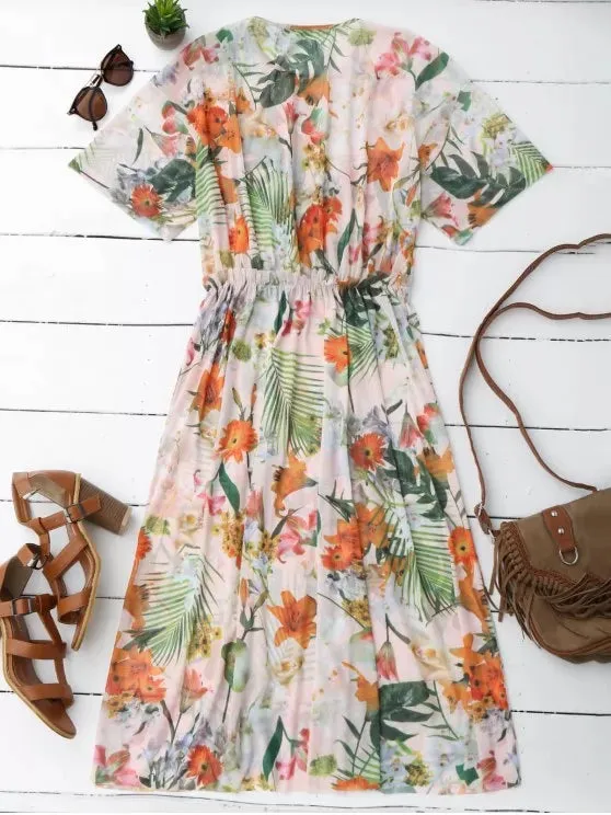 Elastic Waist Sheer Floral Midi Dress