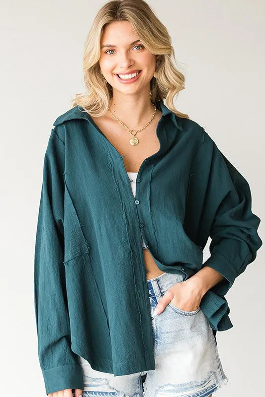 First Love Women's Button Down Loose Fit - Peacock