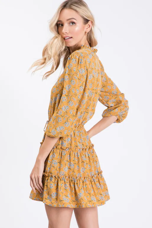 Floral Ruffle Mini Dress, Mustard