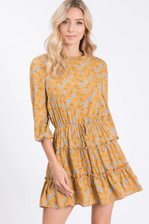 Floral Ruffle Mini Dress, Mustard