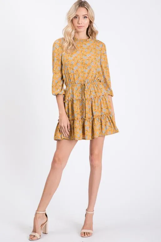 Floral Ruffle Mini Dress, Mustard