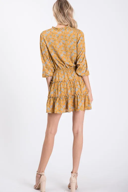 Floral Ruffle Mini Dress, Mustard