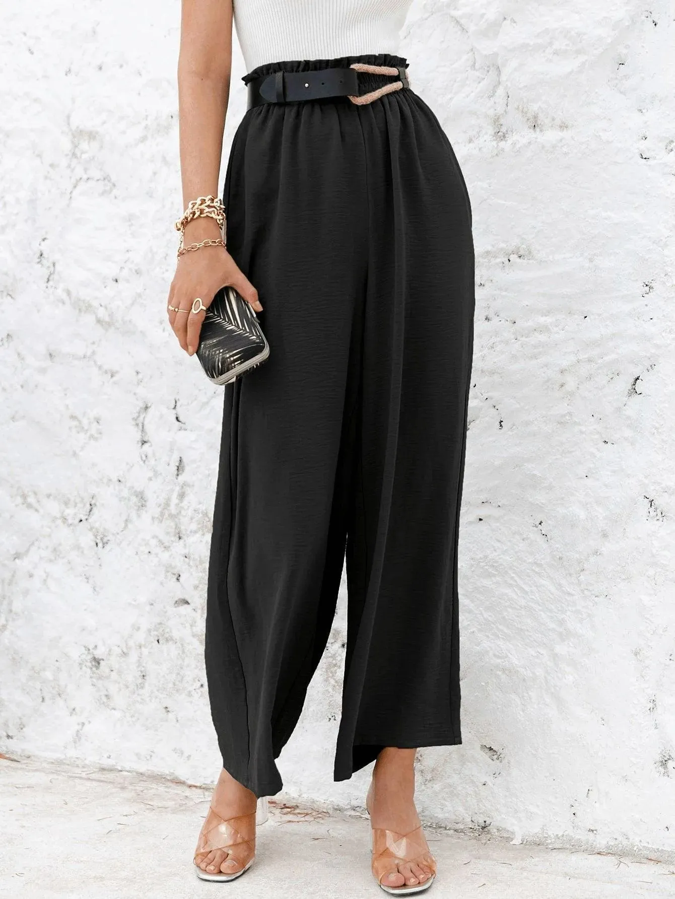 Frill Elastic Waist Wide Leg Pants