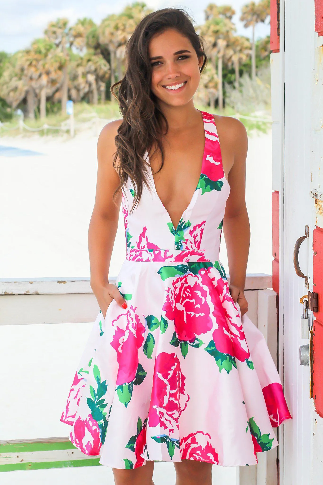 Fuchsia Floral V-Neck Short Dress