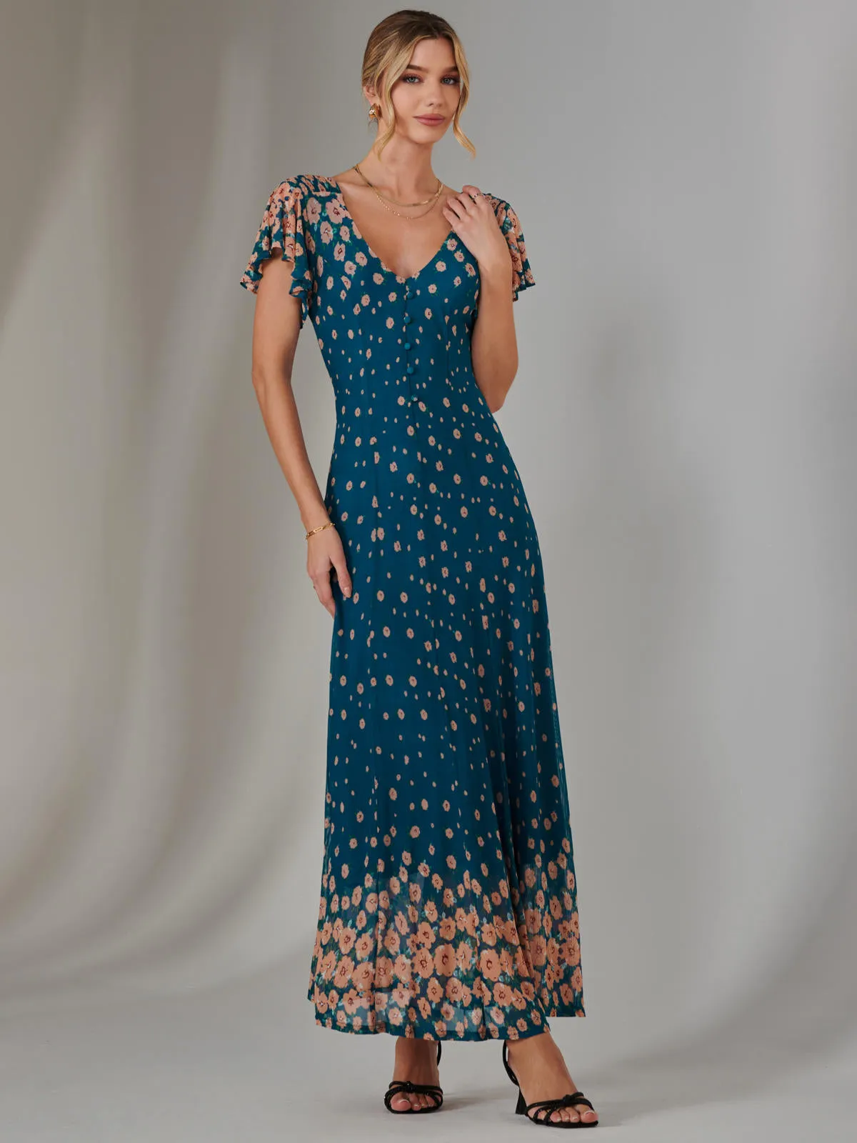 Gina Mirrored Print Mesh Maxi Dress, Teal Multi