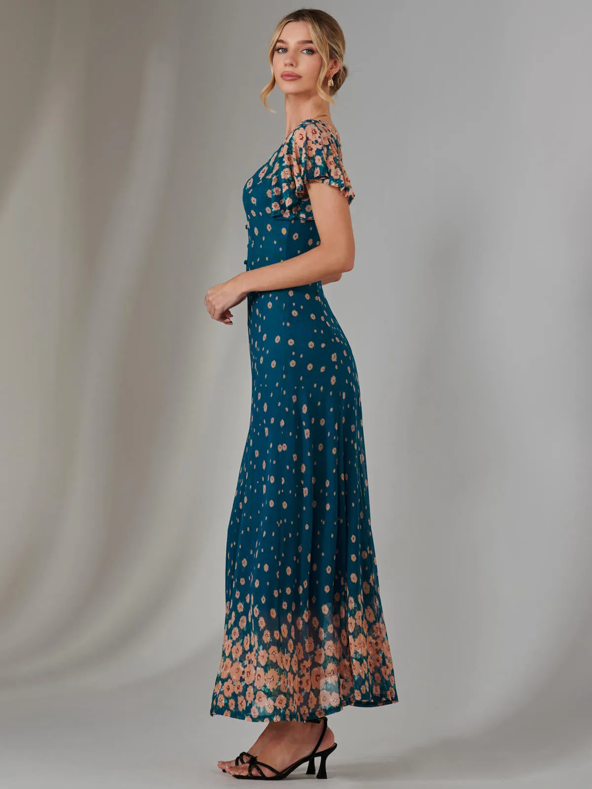 Gina Mirrored Print Mesh Maxi Dress, Teal Multi