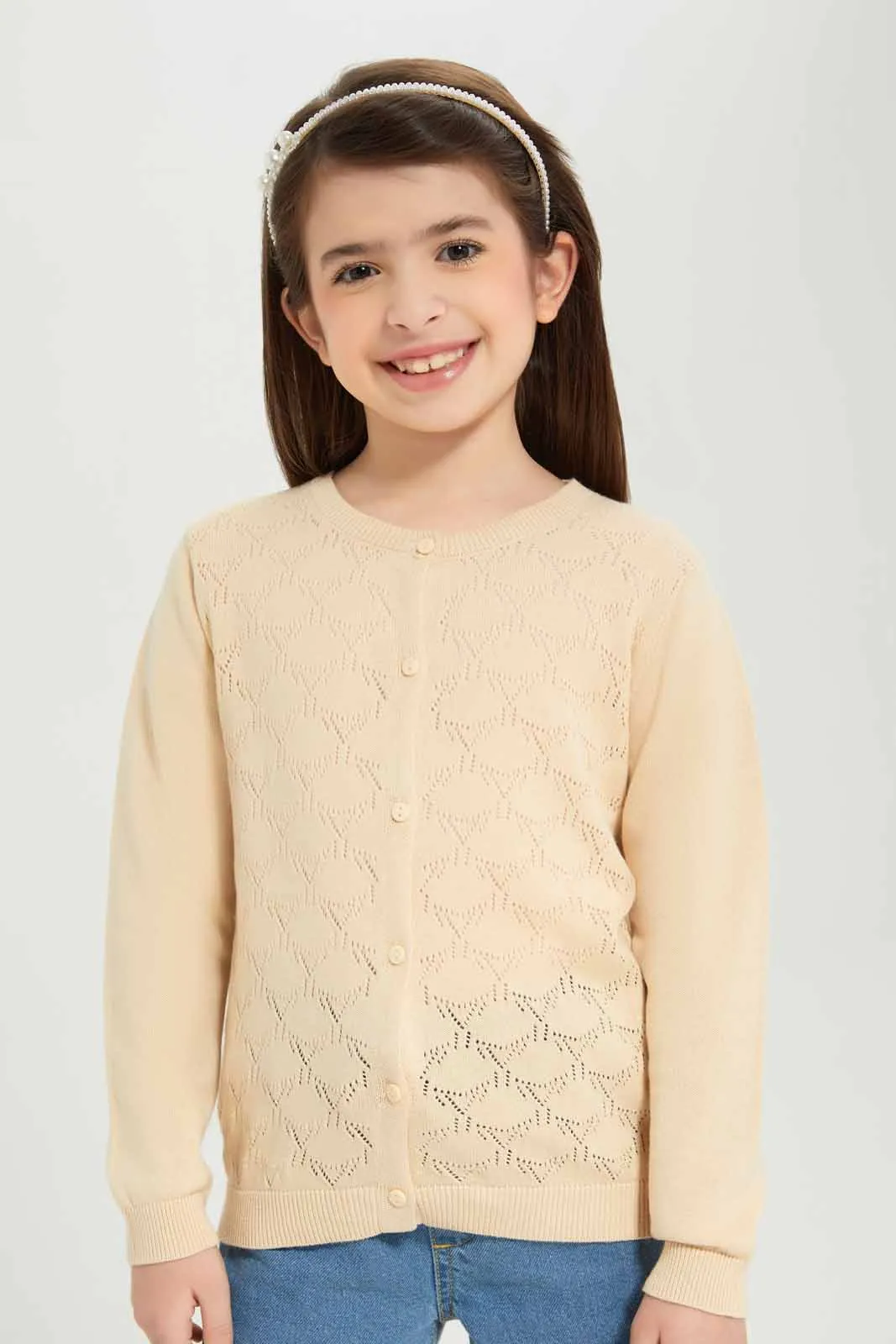 Girls Beige Jacquard Cardigan