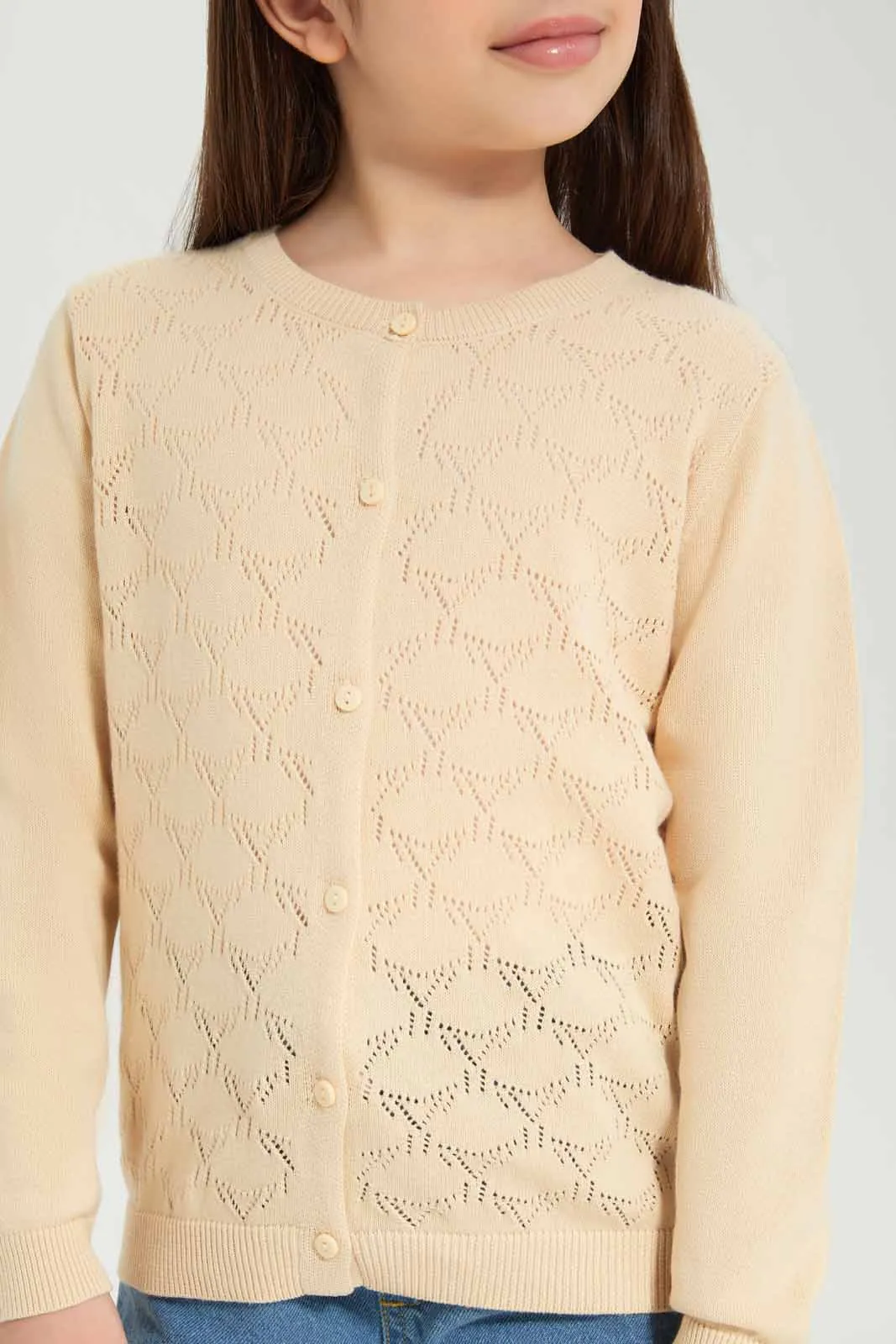 Girls Beige Jacquard Cardigan