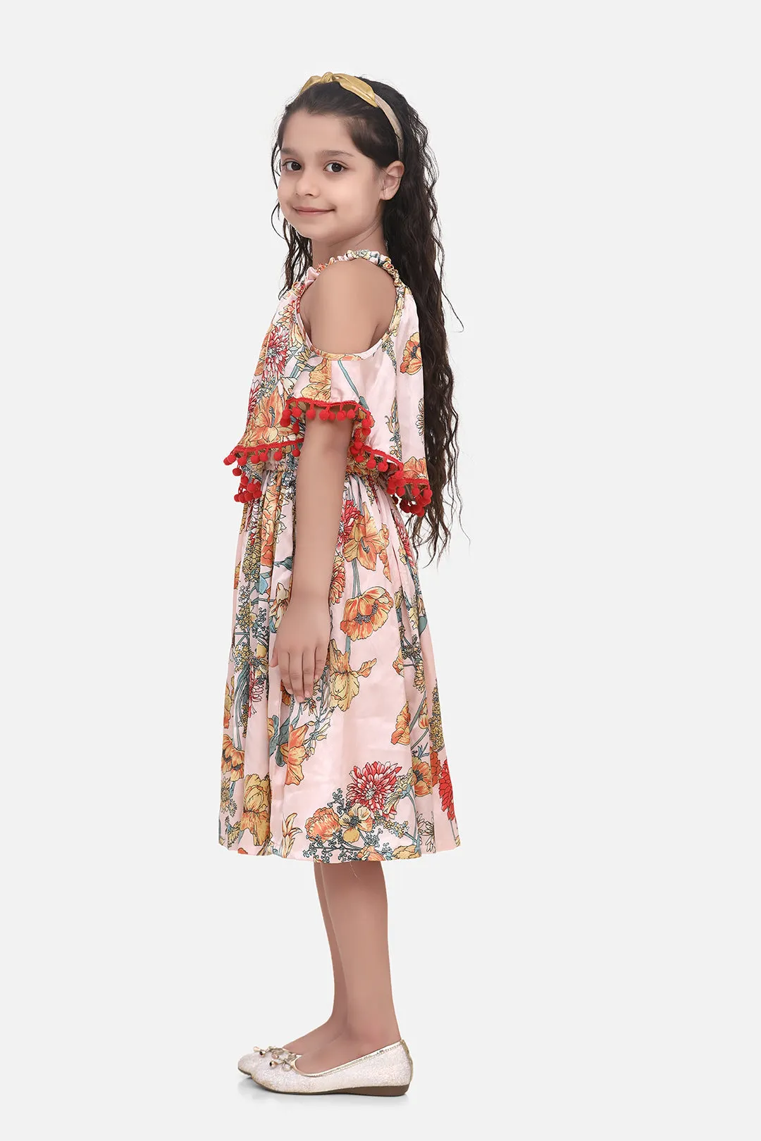 Girl's  Light Pink Floral Printed Satin Dress With Pom Pom Lace - StyleStone Kid