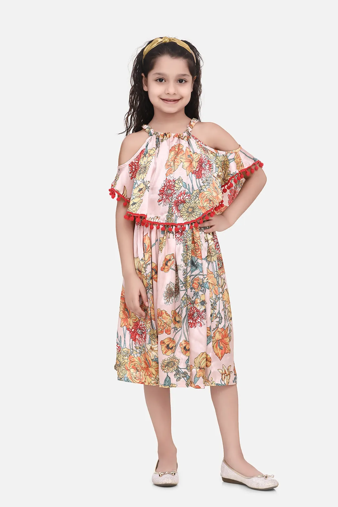 Girl's  Light Pink Floral Printed Satin Dress With Pom Pom Lace - StyleStone Kid