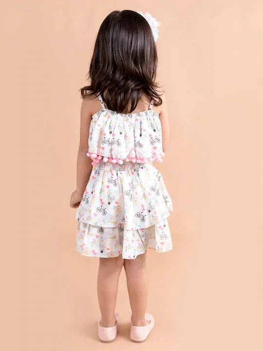 Girls White Pink Printed Top Skirt Co-Ord Set - Ps Peaches