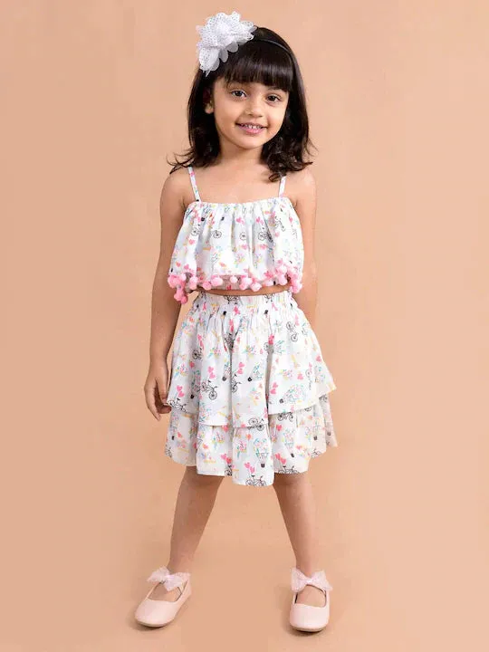 Girls White Pink Printed Top Skirt Co-Ord Set - Ps Peaches