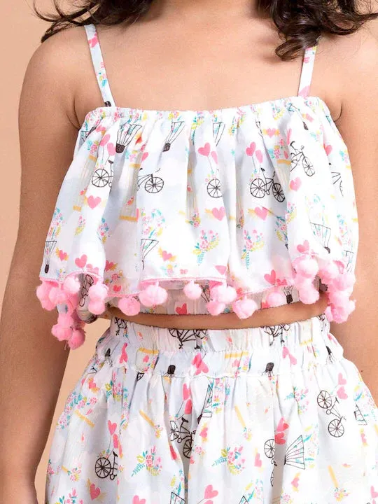 Girls White Pink Printed Top Skirt Co-Ord Set - Ps Peaches