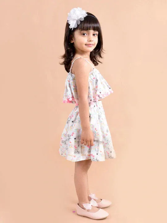 Girls White Pink Printed Top Skirt Co-Ord Set - Ps Peaches