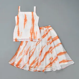 Girl's White Tie Dye Kurta Skirt Set - Rangpur