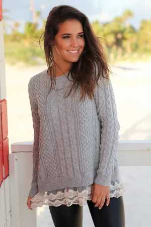 Gray Sweater with Lace Trim