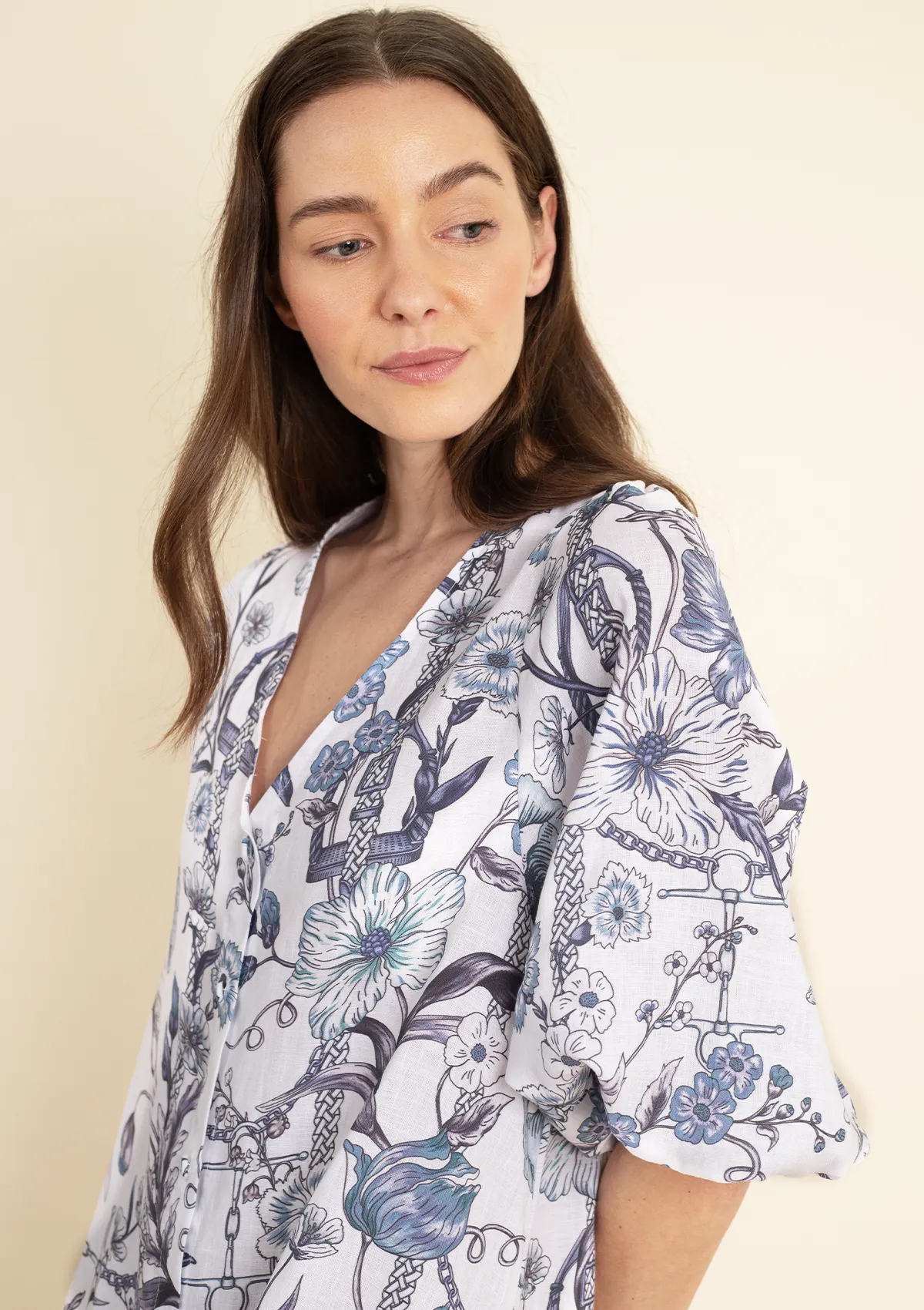 Harper Linen Dress | Blue and White Botany Print