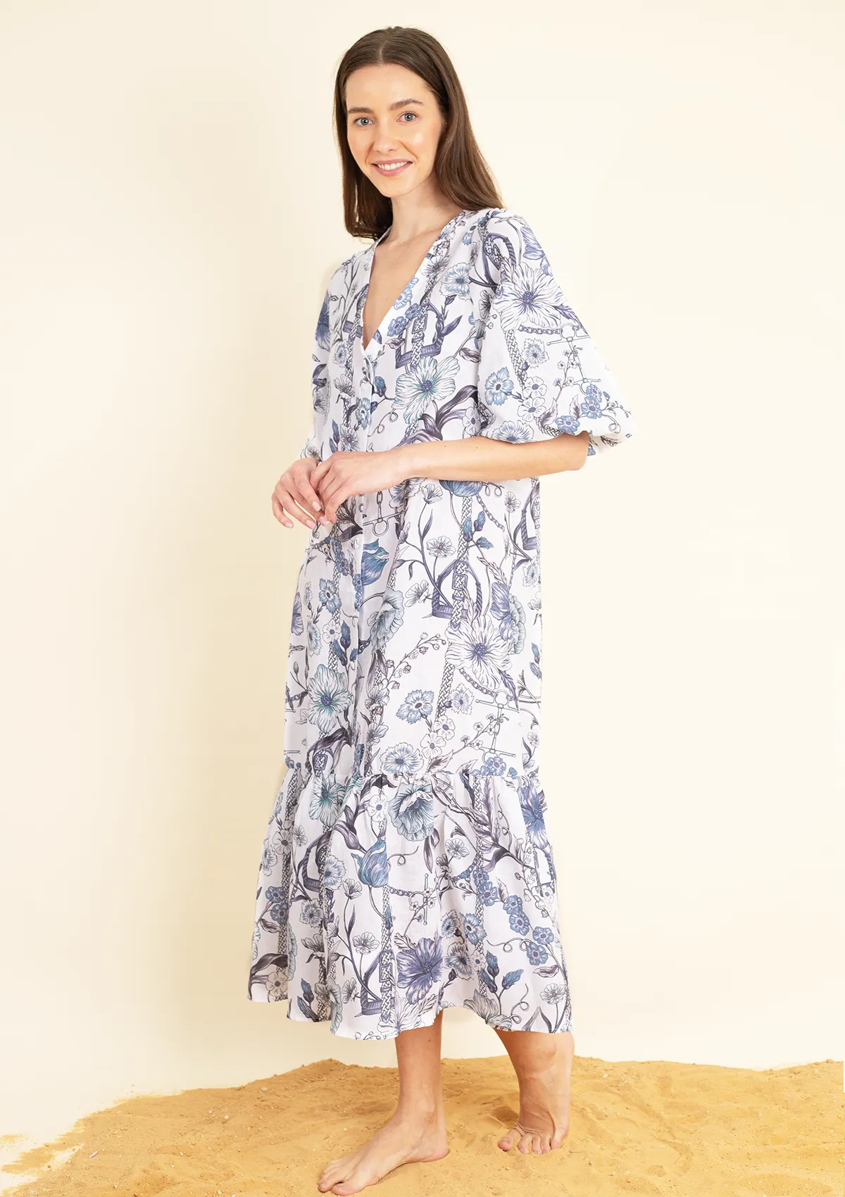 Harper Linen Dress | Blue and White Botany Print