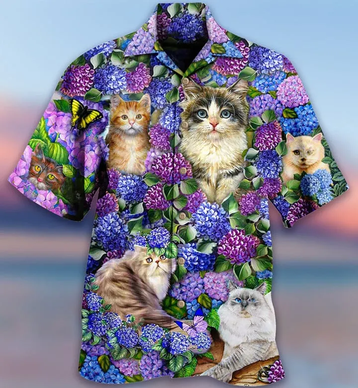 Hawaiian Shirt With Lovely And Purple Flowers, Cat Lovers Hawaiian Shirt, New Hawaiian Shirt Hot 2023