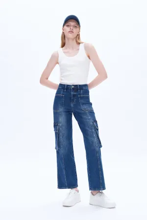 High Rise Cargo Wide Leg Denim Jeans