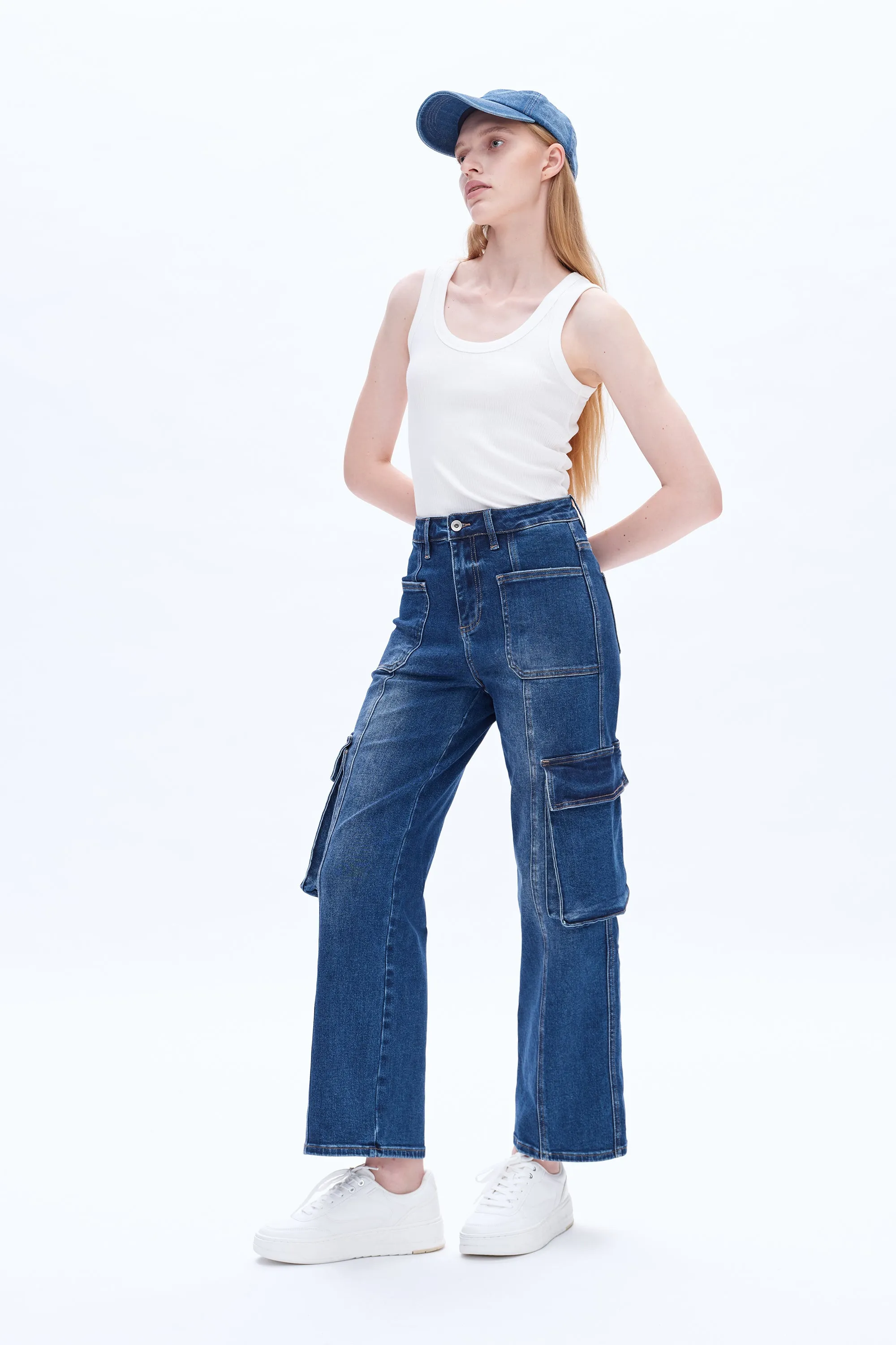 High Rise Cargo Wide Leg Denim Jeans