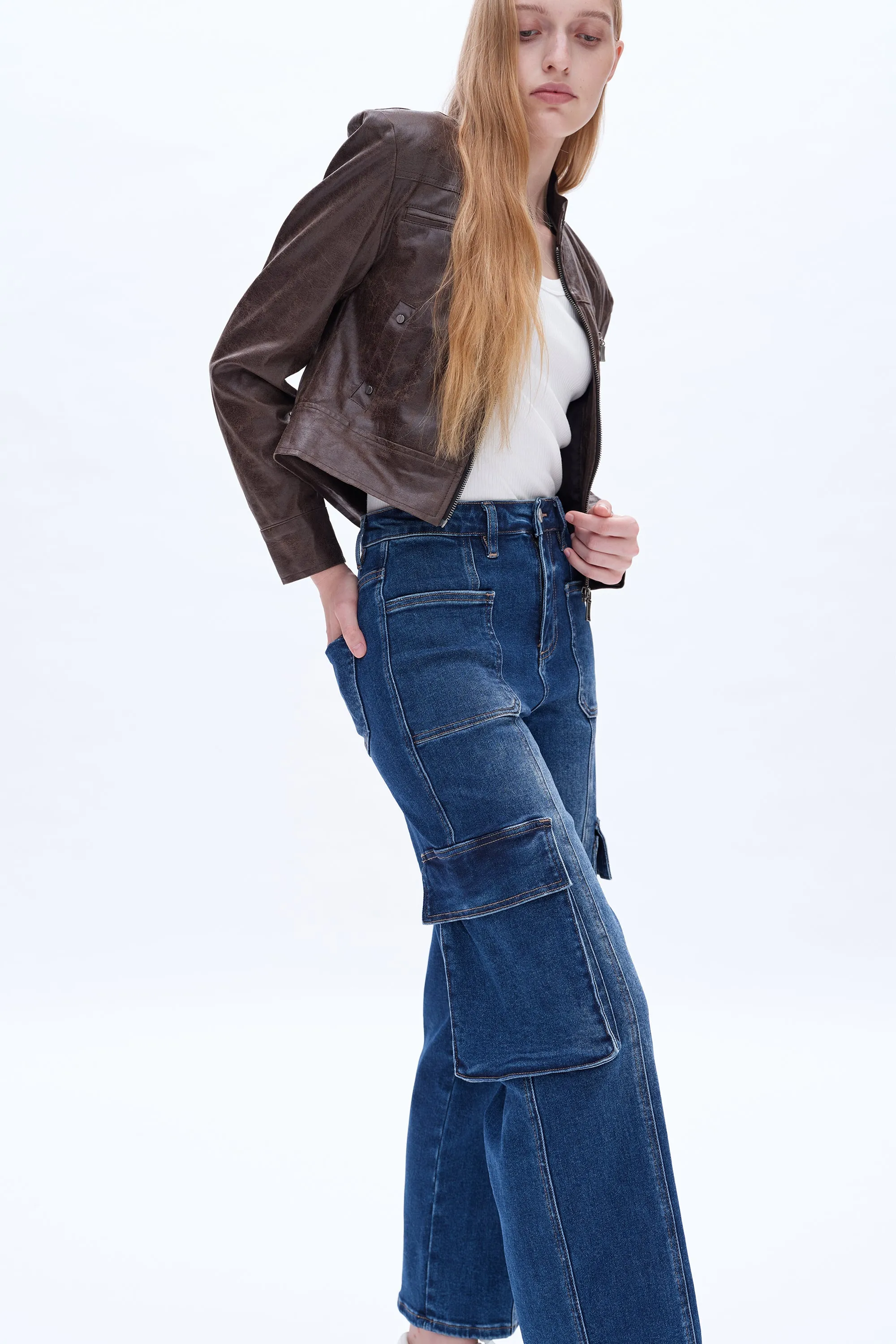 High Rise Cargo Wide Leg Denim Jeans