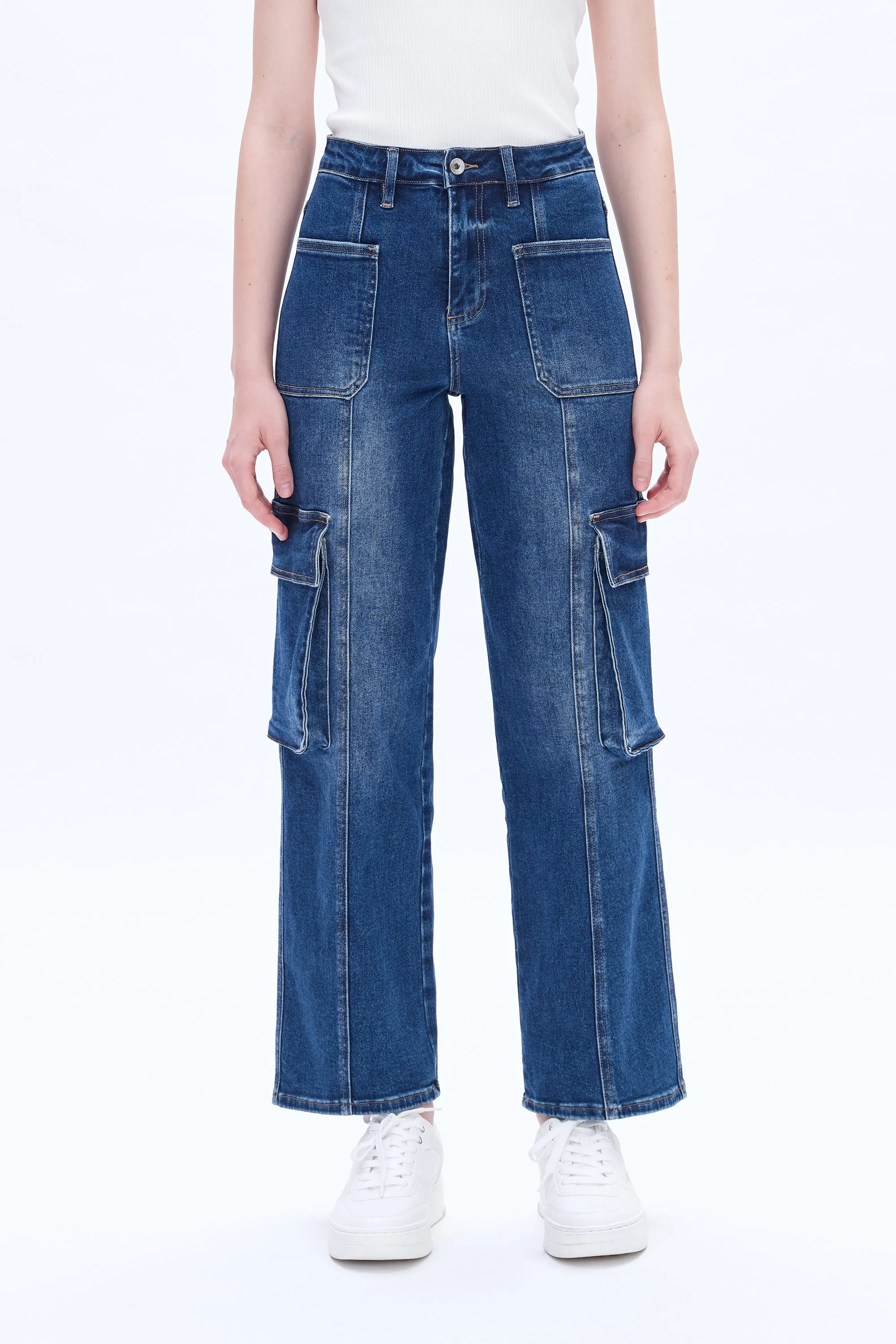 High Rise Cargo Wide Leg Denim Jeans