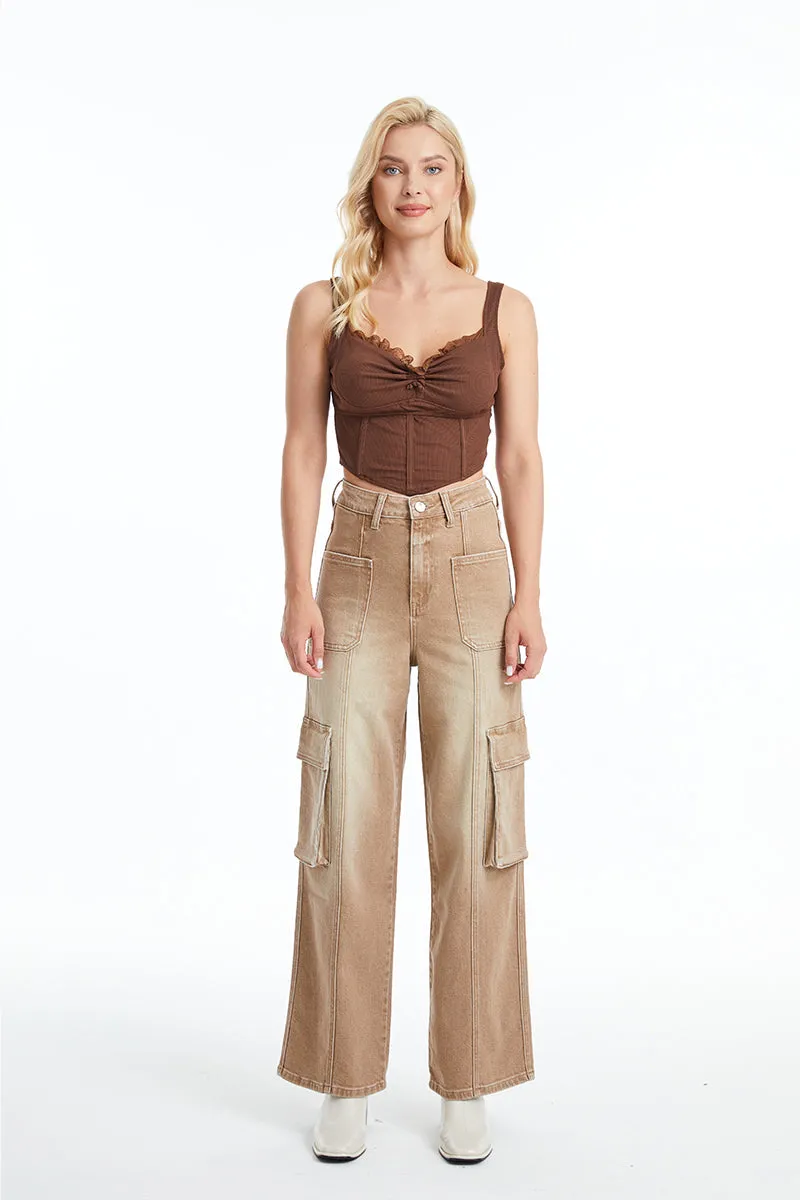 High Rise Cargo Wide Leg Denim Jeans