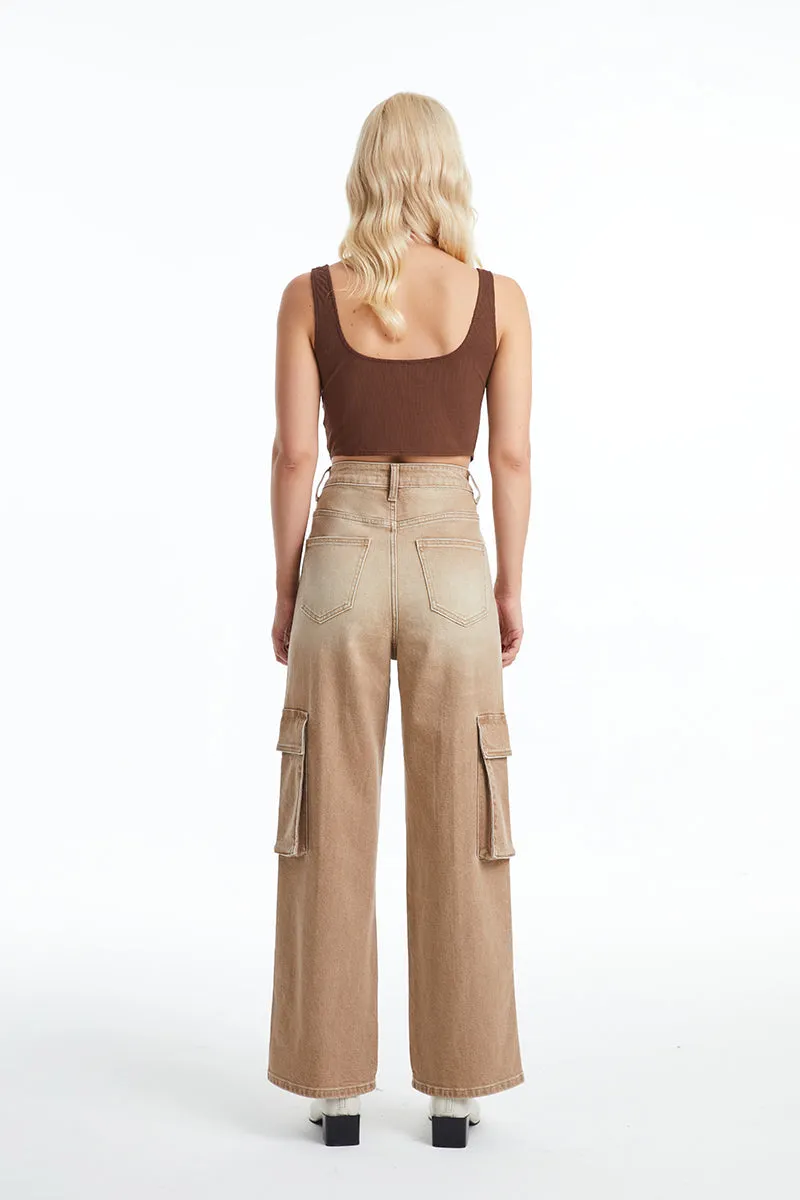 High Rise Cargo Wide Leg Denim Jeans