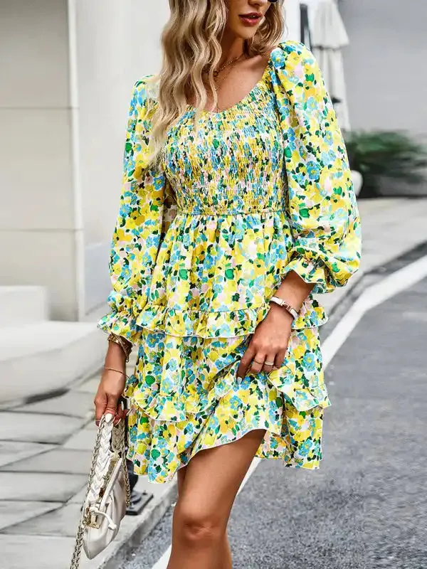 Holiday casual floral V-neck long-sleeved dress