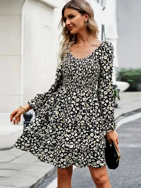 Holiday casual floral V-neck long-sleeved dress