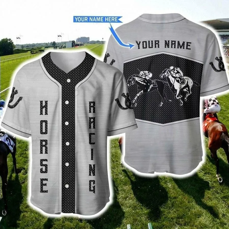 Horse Racing Golden Personalized Baseball Jersey, 3D Shirt for Horse Racing Lover, Flag American Shirt