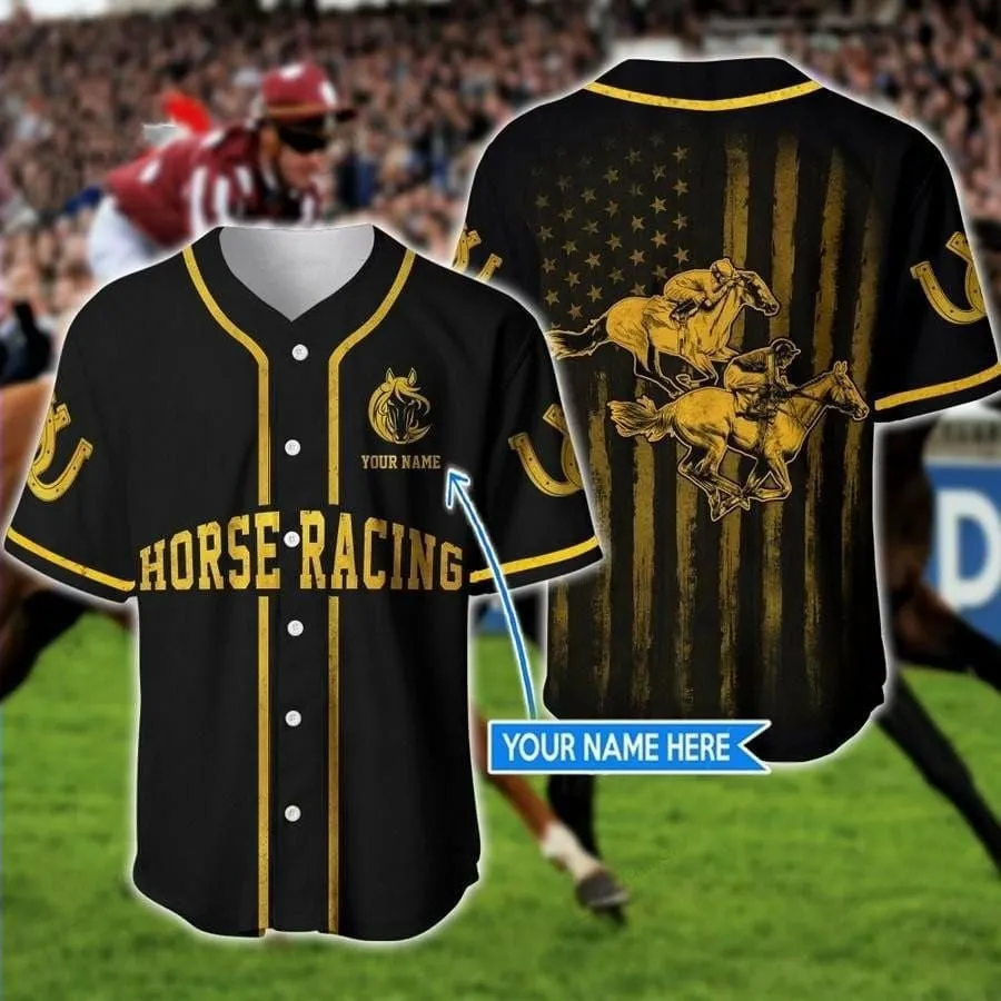 Horse Racing Golden Personalized Baseball Jersey, 3D Shirt for Horse Racing Lover, Flag American Shirt