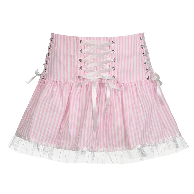 Japanese Y2K Stripe Summer Mini Skirt Lace Up Korean Fashion Women's Skirts Preppy Style Coquett Clothes A-Line Cute