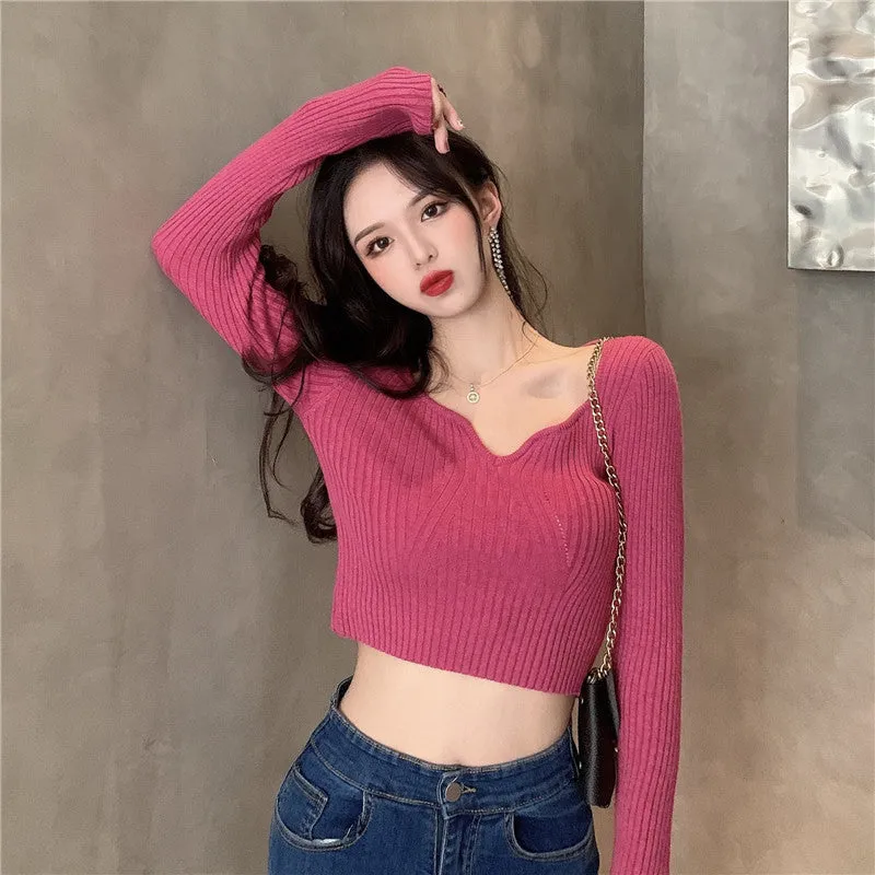 Knitted Bottoming Shirt All-Match Slimming Short Crop Top Women