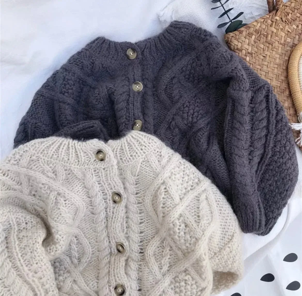 Knitted Crochet  Cardigan Jumper - Oatmeal