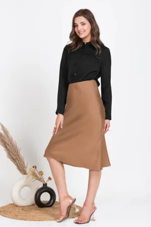 Ladies Work Golden brown Midi satin skirt