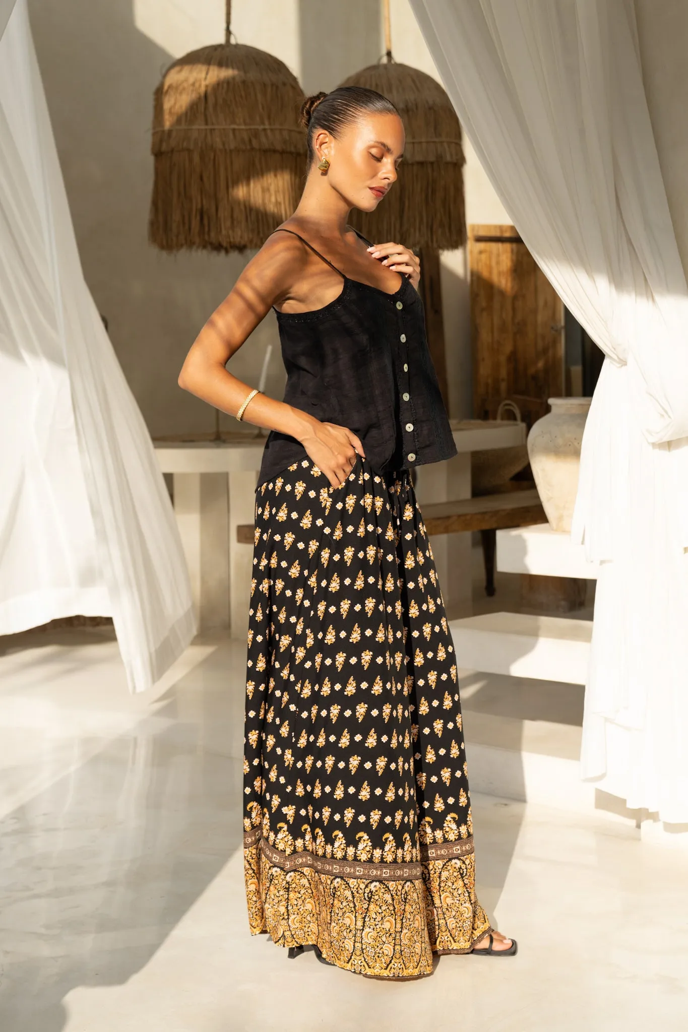 Leila Black Boho Wide Leg Pants