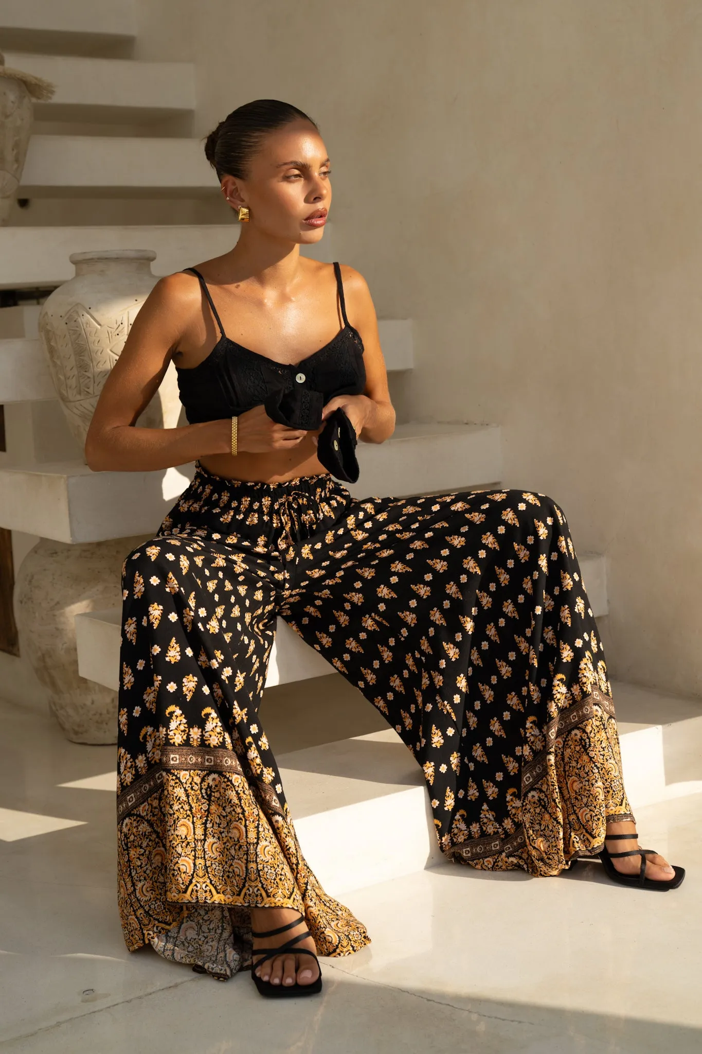 Leila Black Boho Wide Leg Pants