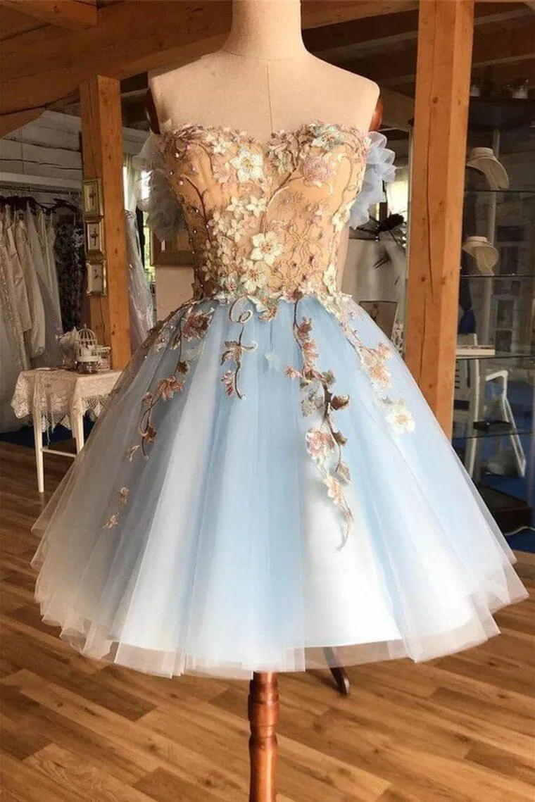 Light Blue Homecoming Dresses Floral Applique Graduation Dress