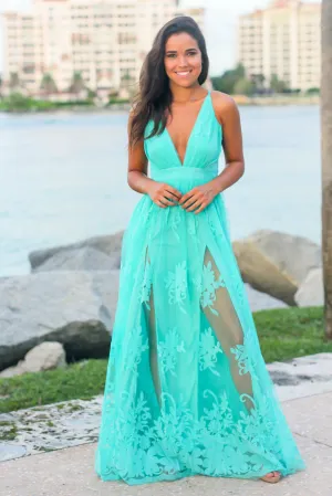 Light Green Floral Tulle Maxi Dress with Criss Cross Back