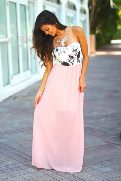 Light Pink Maxi Dress With Floral Top