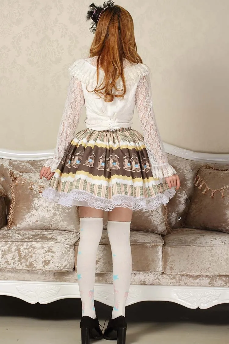 Lolita Sweet Hobbyhorse Printed Khaki Short Lolita Skirt with Lace Trimming