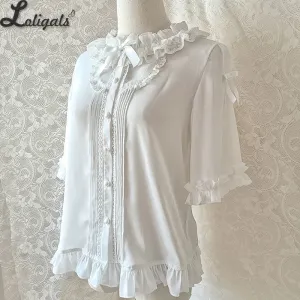 Loose Chiffon Shirt Short Sleeve White Lolita Blouse