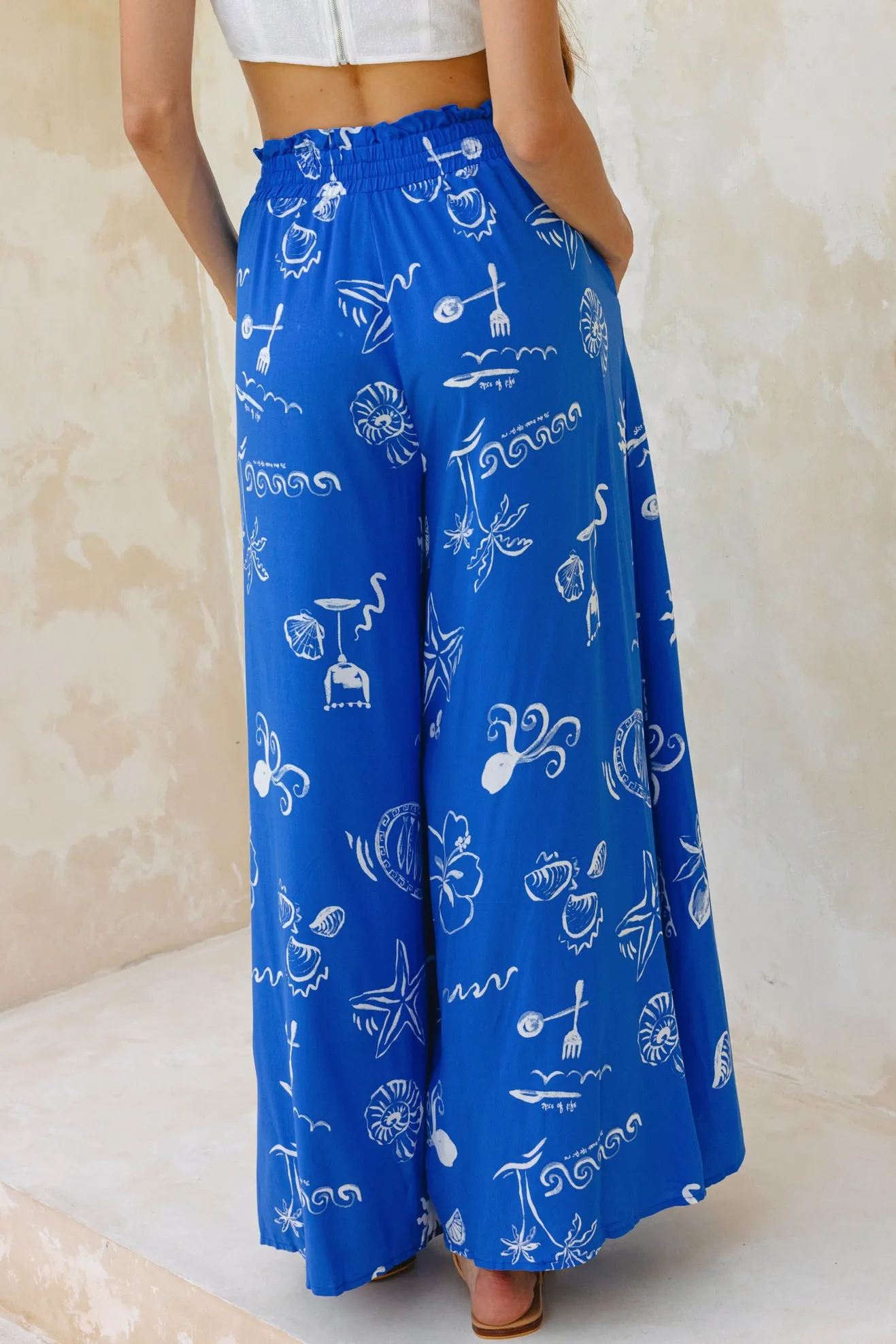 Mariselle Blue Ocean Abstract Wide Leg Pants