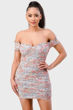 Mesh Sweetheart Ruffled Off Shoulder Ruched Mini Floral Dress