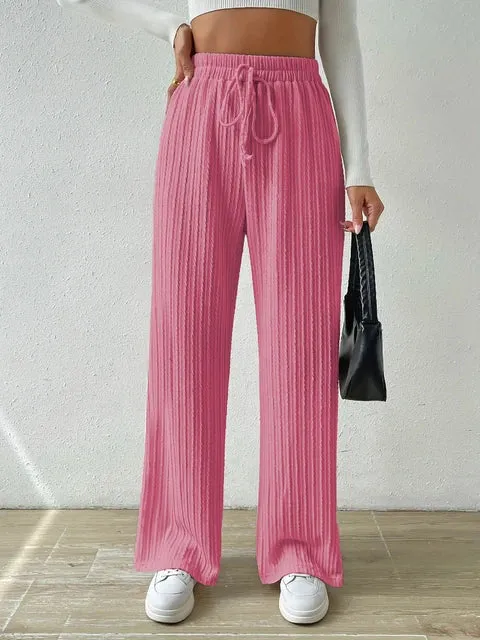 New Tie Waist Texture Knitted Wide Leg Pants