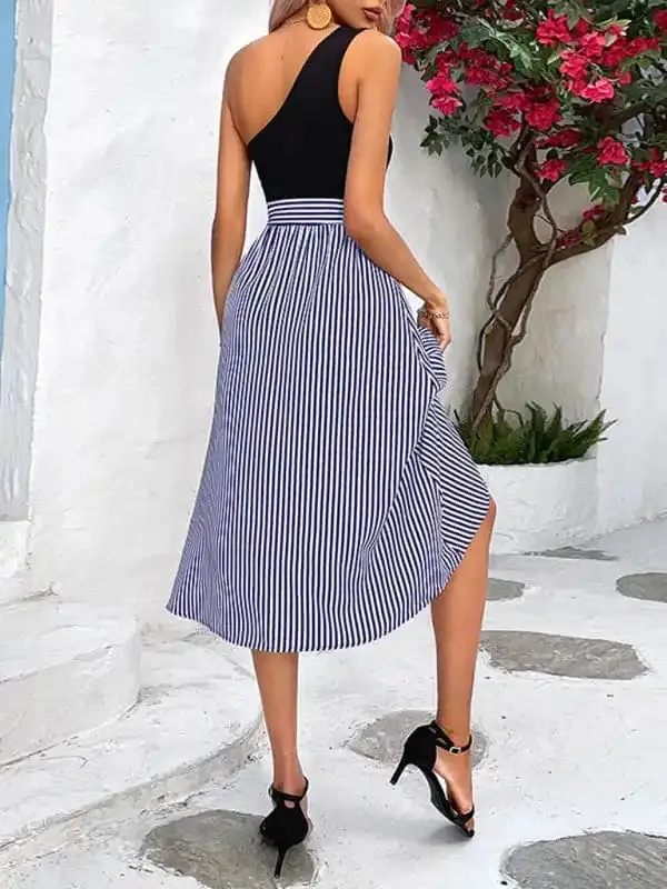 New women’s one-shoulder striped mosaic dress